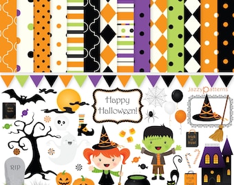 May include: A set of 43 Halloween clip art elements and 14 digital papers. The clip art includes a witch, a ghost, a Frankenstein, a black cat, a spider, a cauldron, a pumpkin, a haunted house, a witch's hat, a broom, candy corn, and a tombstone. The digital papers feature various Halloween patterns in black, orange, green, and purple.
