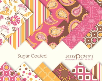 Sugar Coated digital papers for scrapbooking, home decor, gift wrapping in pink, yellow and brown, paisley background, printable download