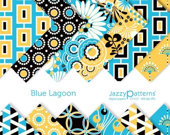 Papel digital floral retro: patrones geométricos en azul, negro y amarillo (descarga digital)