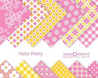 Geometric floral digital papers in pink and yellow, printable instant download