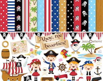 Pirate clipart and digital paper pack for boys and girls. Ahoy Me Hearties! DK021 Instant download