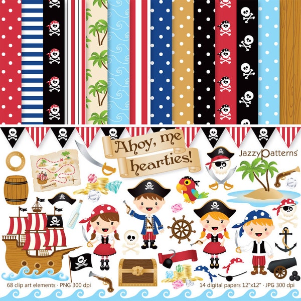 Clipart pirate et pack papier numérique pour garçons et filles. Ahoy Me Hearties! Téléchargement instantané