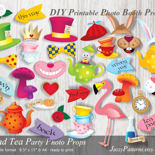 Alice photo props, printable party decoration, DIY Mad Tea Party Wonderland, instant download