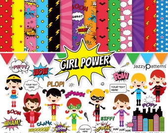 Superhero Girls clipart and digital papers, instant download