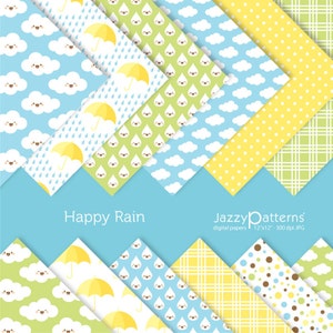 Puede incluir: Un conjunto de 10 papeles digitales con lindos patrones de lluvia en amarillo, azul, verde y blanco. Los patrones incluyen nubes sonrientes, gotas de lluvia y paraguas. Los papeles son de 12x12 pulgadas y 300 dpi.