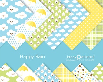 Clouds and raindrops digital papers kawaii rain, April showers backgrounds, Happy Rain instant download