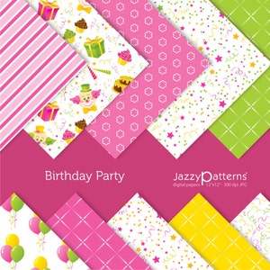 Paquete de papel digital fiesta de cumpleaños en rosa y verde, regalos, payasos, globos, confeti, fondos de carnaval, descarga instantánea imprimible