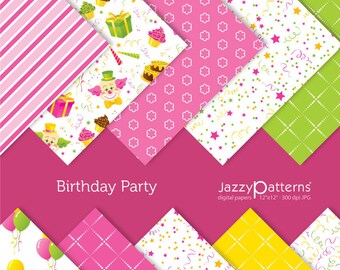 Paquete de papel digital para fiesta de cumpleaños rosa y verde (descarga digital)