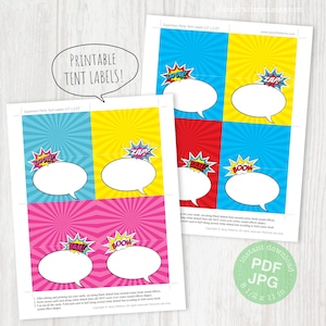 Etiquetas para barraca de super-heróis para impressão, texto editável, efeito pop-out, download instantâneo