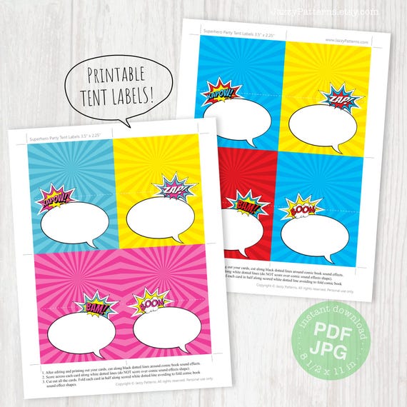 Printable superhero tent labels, editable text, pop out effect, instant download