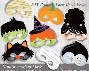 Printable Halloween masks, photo booth props, kids monster masks, mummy prop, cat, witch, vampire, pumpkin, instant download DIY