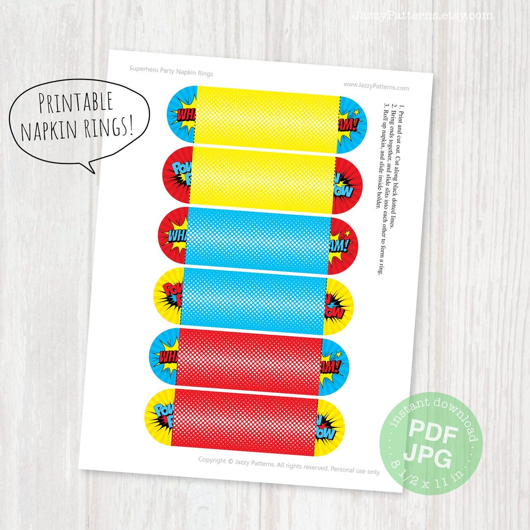 Printable Napkin Rings for Superhero Party, 3d Cutout Comic Book Effect ...