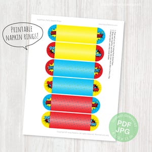 Afdrukbare servetringen voor superheldenfeest, 3D-uitsparing stripboekeffect, instant download