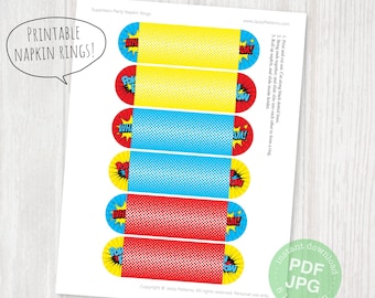 Servilleteros imprimibles para fiesta de superhéroes, efecto cómic recortado en 3D, descarga instantánea