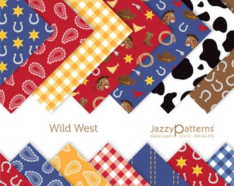 Wild West cowboy digital papers, cow print, bandana, gingham backdrops, for party decorations, invites, planner stickers, instant download