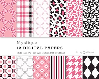 Papel digital rosa y negro: Estampados geométricos de animales (Descarga digital)