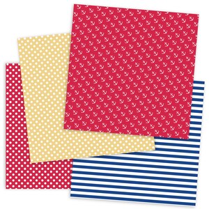 May include: Four sheets of patterned paper in red, white, and blue. The first sheet has a red background with white anchors. The second sheet has a yellow background with white polka dots. The third sheet has a red background with white polka dots. The fourth sheet has a blue and white striped pattern.