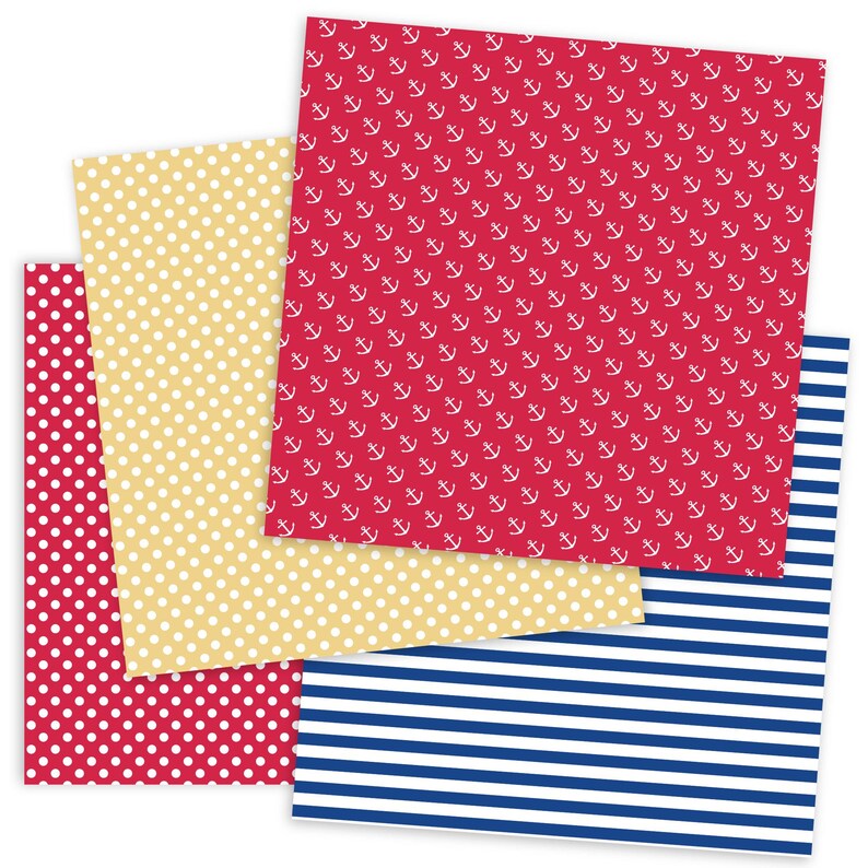 May include: Four sheets of patterned paper in red, white, and blue. The first sheet has a red background with white anchors. The second sheet has a yellow background with white polka dots. The third sheet has a red background with white polka dots. The fourth sheet has a blue and white striped pattern.