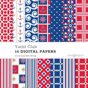 Nautical digital papers in red, white and navy blue for scrapbooking, instant download