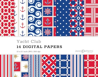 Nautical digital papers in red, white and navy blue for scrapbooking, instant download