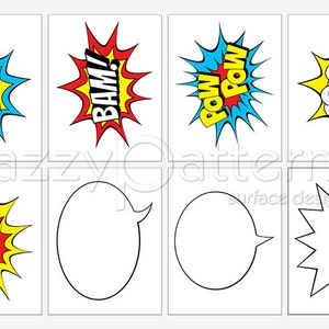 Comic book sound effects printable photo booth props, superhero birthday party decoration, burst bubble action words instant download image 2