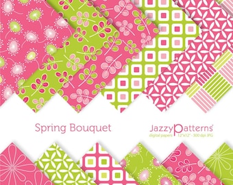 May include: A set of 8 digital paper patterns in pink and green with various geometric and floral designs. The patterns are titled "Spring Bouquet" and are from "JazzyPatterns".