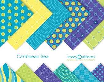 Blue and green digital papers, Caribbean Sea, instant download