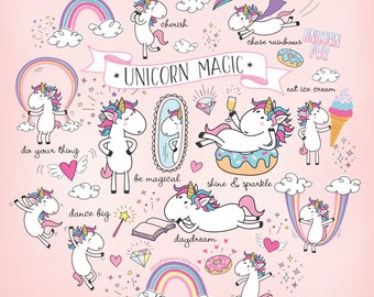 Unicorn clipart skipping rainbow, dancing in the clouds, relaxing and eating ice cream, PNG alpha pack