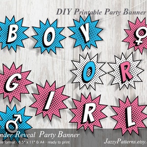DIY Boy oder Girl Gender Reveal Party Banner im Comic-Stil zum Ausdrucken in rosa und blau PB008 zum sofort herunterladen