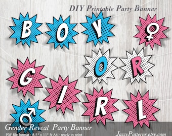 Bannière révélatrice de genre DIY : décoration de fête de style bande dessinée (téléchargement PDF)