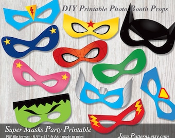 DIY Kids superhero printable masks, comic book photo booth props, colored and black and white version, instant download