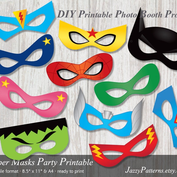 DIY Kids superhero printable masks, comic book photo booth props, colored and black and white version, instant download
