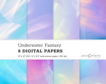 May include: Eight digital papers with a soft, dreamy, iridescent, underwater fantasy theme. The papers are in shades of blue, purple, pink, and white. Each paper is 12 inches by 12 inches and 300 dpi.