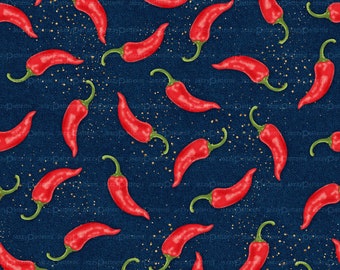 Red chili peppers seamless pattern on blue denim background, all over design, instant download