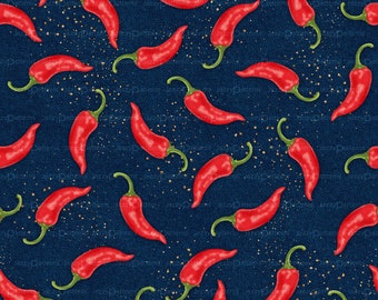 Peut inclure: Un motif sans couture de piments rouges sur un fond de denim bleu avec des paillettes dorées.