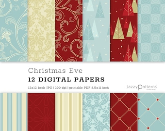 May include: Twelve digital paper designs featuring Christmas-themed patterns in red, blue, and gold. The patterns include stripes, polka dots, snowflakes, and Christmas trees.
