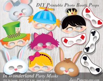 Alice themed kids mask printables, wonderland photo booth props, white rabbit, mad hatter, cheshire cat, instant download