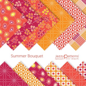 May include: A set of 10 digital paper patterns in orange, red, and white featuring floral, geometric, and abstract designs. The digital papers are 12 inches by 12 inches and 300 dpi. The text "Summer Bouquet" and "Jazzypatterns" is included in the image.