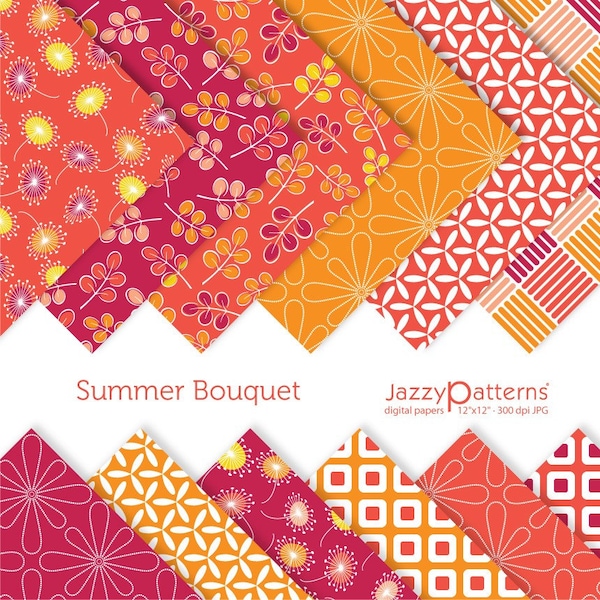 Summer Bouquet digital papers in burnt orange and deep yellow, modern geometric backgrounds for scrapbooking, home decor, instant download