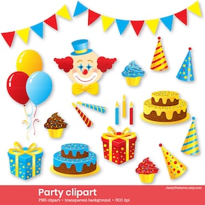 Clipart de fiesta de cumpleaños para tarjetas, álbumes de recortes, invitaciones, globos, payaso, pastel de chocolate, cajas de regalo, sombreros de fiesta, descarga instantánea