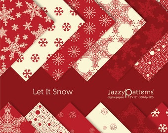 Let it Snow digital papers, ornate snowflake backgrounds in red and cream, for party and home decor, gift wrap, printable instant download