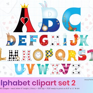 Alice illustrated letters clipart for classroom decoration, custom Wonderland illustrated birthday banner DIY, printable alphabet download image 3