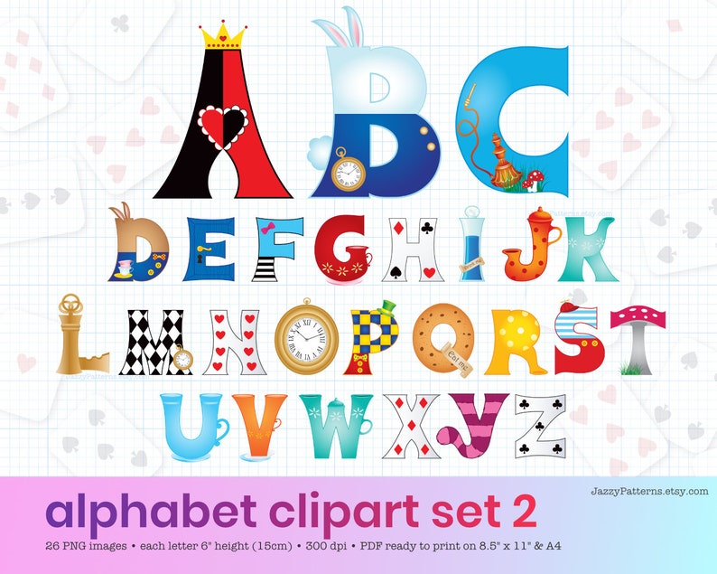 Alice illustrated letters clipart for classroom decoration, custom Wonderland illustrated birthday banner DIY, printable alphabet download image 3