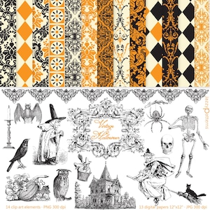 Clipart Halloween et papiers numériques, graphismes old school pour journaux, emballage cadeau, téléchargement immédiat