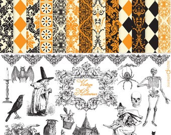 May include: A set of 13 digital papers and 14 clip art elements featuring vintage Halloween illustrations. The papers are in black, orange, and white with damask and geometric patterns. The clip art includes a witch, a skeleton, a spider, a haunted house, an owl, a bat, a raven, a pumpkin, and a cat.