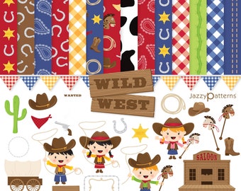 Wild West cowboy and cowgirl clipart and digital papers, printable instant download