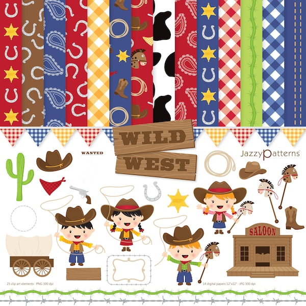 Wild West cowboy and cowgirl clipart and digital papers, printable instant download