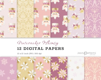 Peut inclure: Douze papiers numériques présentant une variété de motifs de Noël. Les motifs comprennent un casse-noisette rose et or, des flocons de neige et un motif damassé. Les papiers mesurent 30,5 cm sur 30,5 cm et 300 dpi.