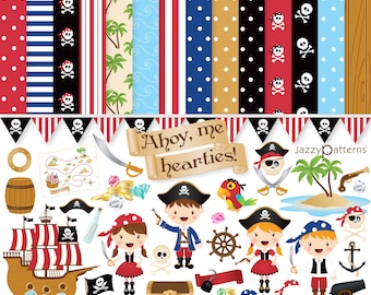 Pirate clipart and digital paper pack for boys and girls. Ahoy Me Hearties! Instant download