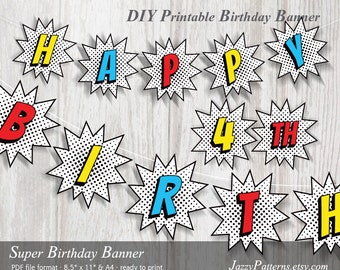 Superhero birthday party printable banner, comic dots background, comic book style garland, instant download party decor